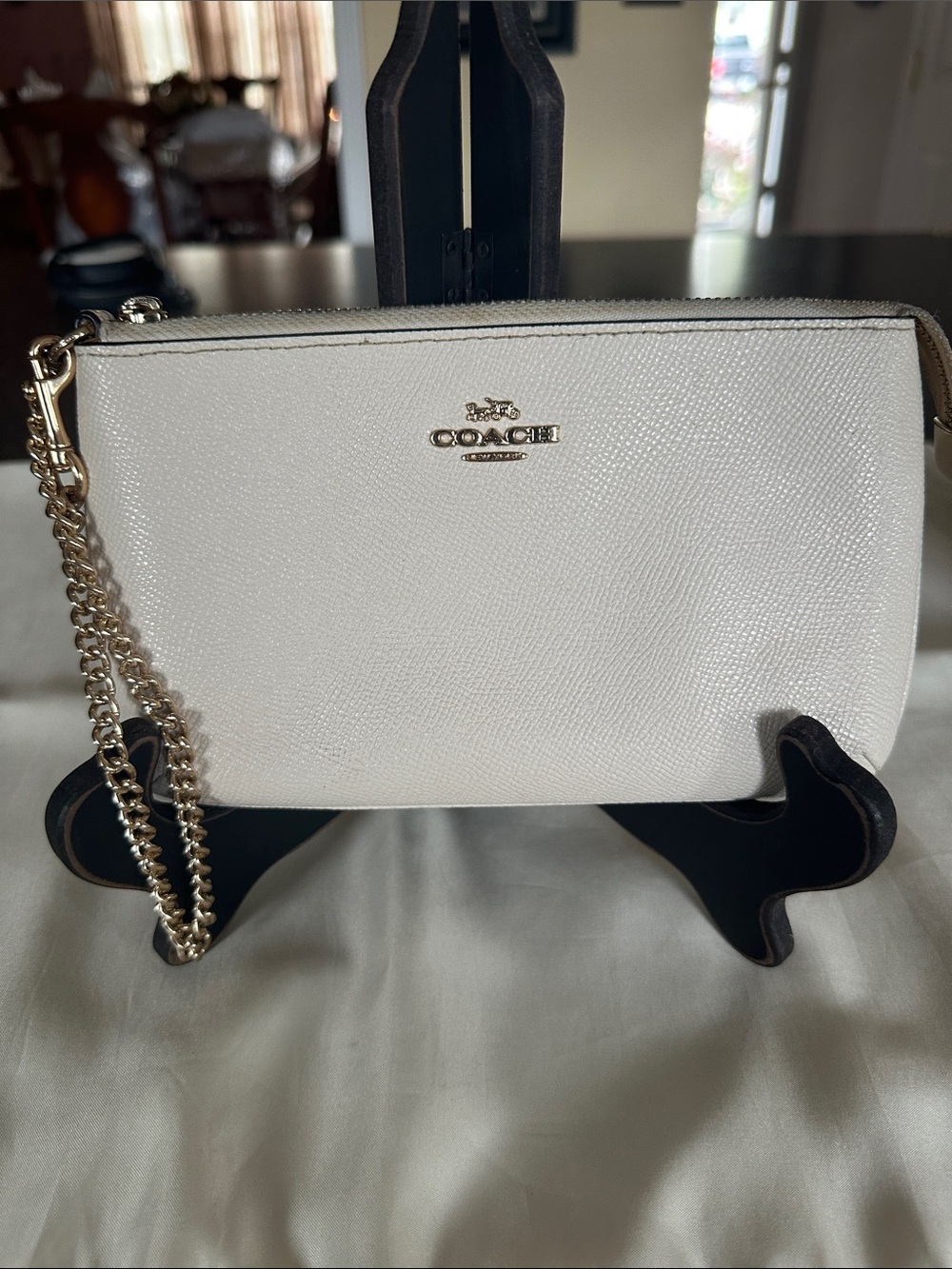 Coach Large White Leather Wristlet with Gold Chain Strap